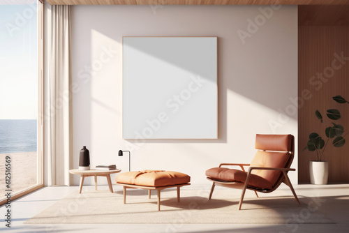 Minimalist interior with large white wall background suitable for picture/poster/sticker application. Ai generated illustration