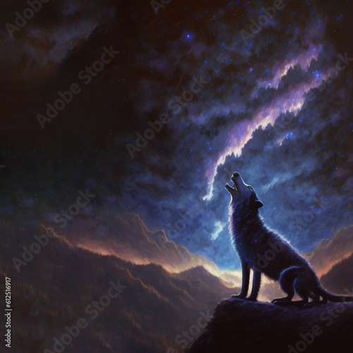 Illustration of an howling wolf against the dark starry sky and snowy mountains