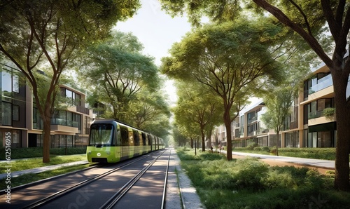  a green train traveling through a lush green park next to tall buildings on a sunny day with trees and grass on both sides of the tracks. generative ai