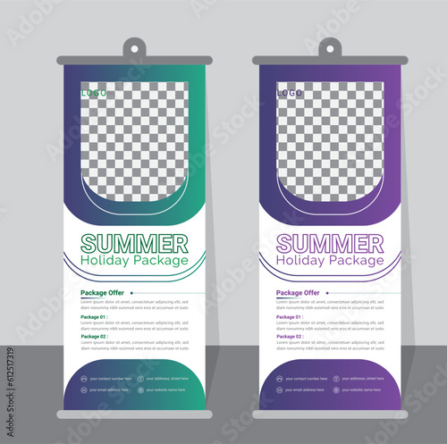 Travel roll up banner design, modern roll up template, digital roll up design, corporate design of roll up banner, gradient roll up banner design.