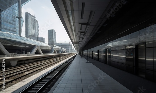  a train station with a train on the tracks in front of a tall building with a sky scraper in the background of the photo.  generative ai © Anna