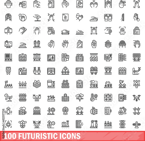 100 futuristic icons set. Outline illustration of 100 futuristic icons vector set isolated on white background