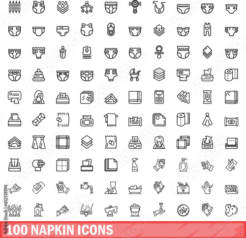 100 napkin icons set. Outline illustration of 100 napkin icons vector set isolated on white background