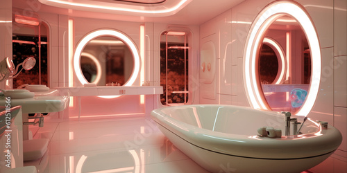 New illuminated futuristic bathroom interior. Style and design concept. generative ai