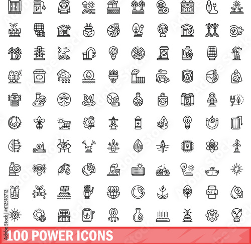 100 power icons set. Outline illustration of 100 power icons vector set isolated on white background