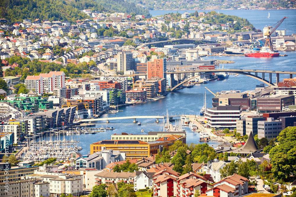 Cityscape of Bergen city from hill, Norway