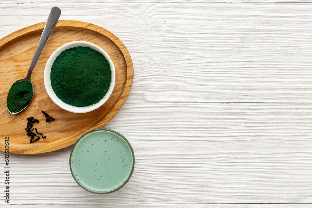 Fototapeta premium Green Latte with Spirulina algae powder, dietary supplement for vegan