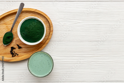 Green Latte with Spirulina algae powder, dietary supplement for vegan