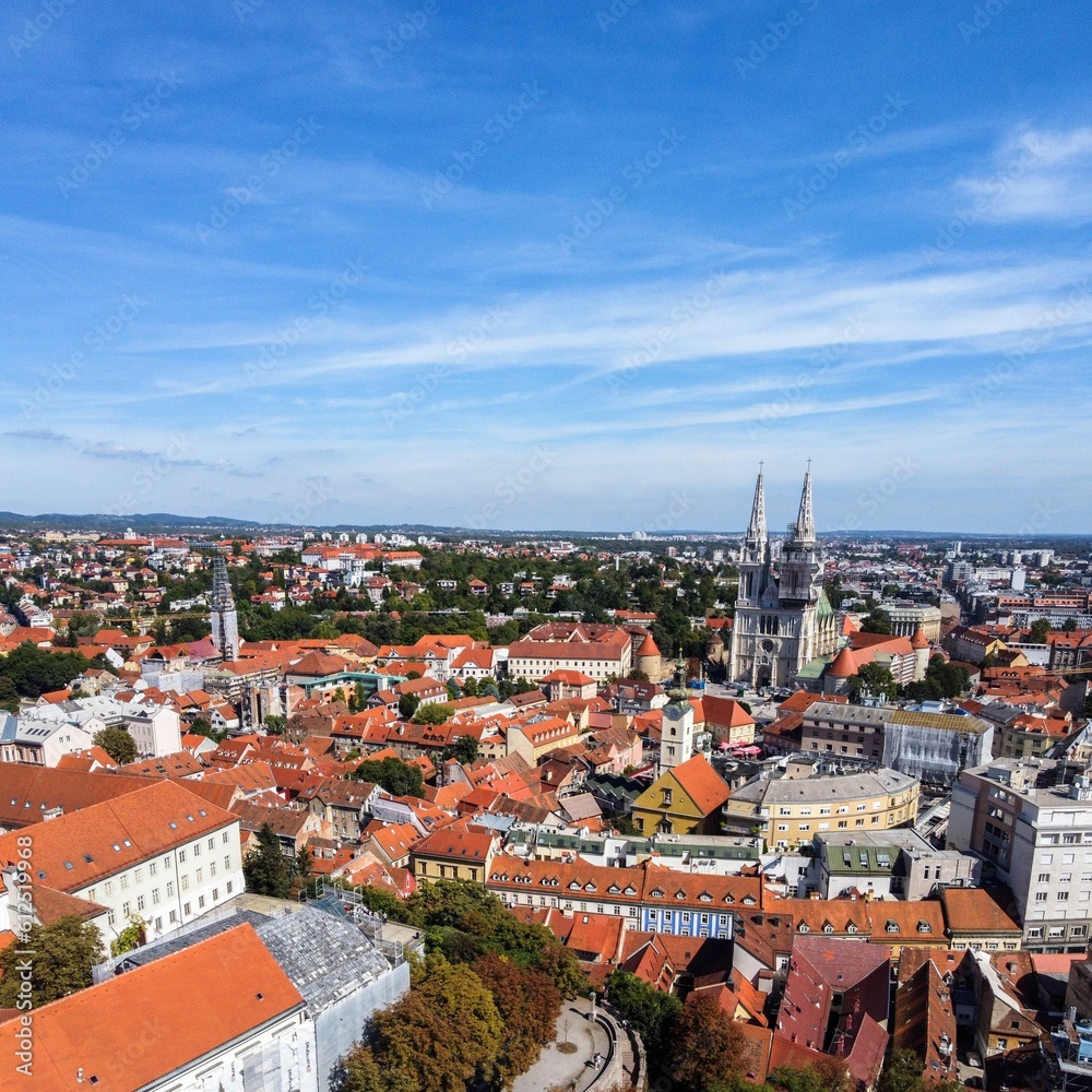 Fototapeta premium Drone shot of the upper town (old part of Zagreb) on a sunny day, Croatia