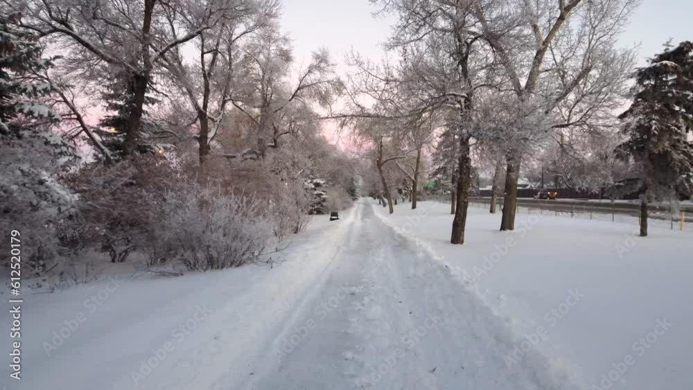 Snow covered trail in a park in winter Snow covered trail in a park in winter