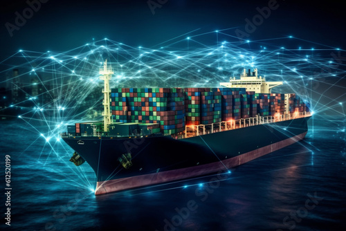 Global Logistics international delivery concept, World map logistic and supply chain network distribution container, cargo ship with contrail in ocean sea ship carrying container for export import