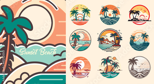 Summer beach island with palm trees in the ocean. Vector emblem of travel, holiday, resort. Vector Logo collection.