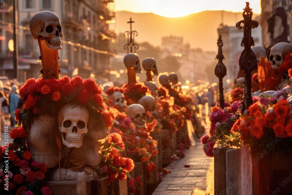 La Santa Muerte. Mexican Skull adorned with flowers. Calavera Grim Reaper - Altar with Floral sugar skull grim reaper in Mexican City Street. Generative AI
