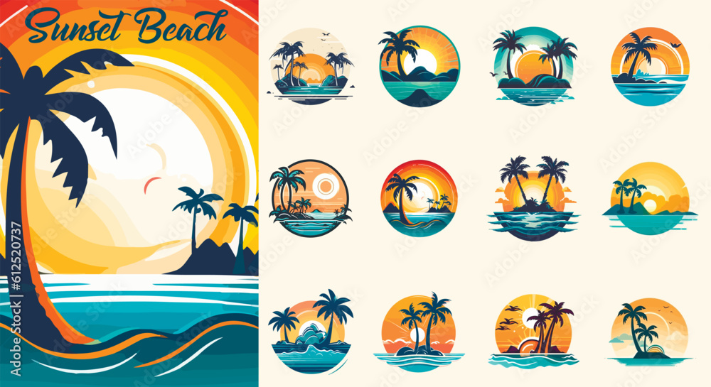 Summer beach island with palm trees in the ocean. Vector emblem of travel, holiday, resort. Vector Logo collection. - obrazy, fototapety, plakaty 