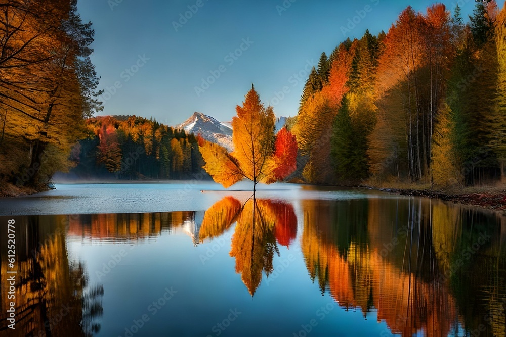 autumn trees reflected in water, by generative AI