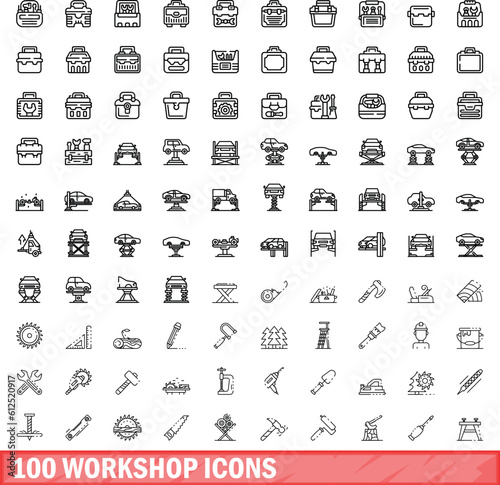 100 workshop icons set. Outline illustration of 100 workshop icons vector set isolated on white background
