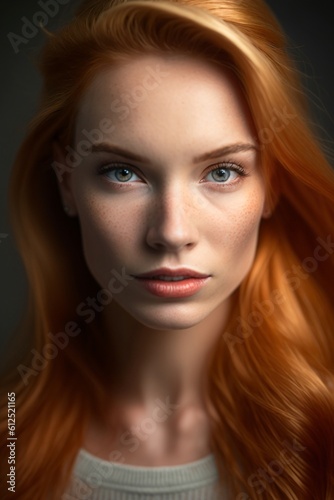 attractive young woman with freckles and orange red hair created with Generative AI technology