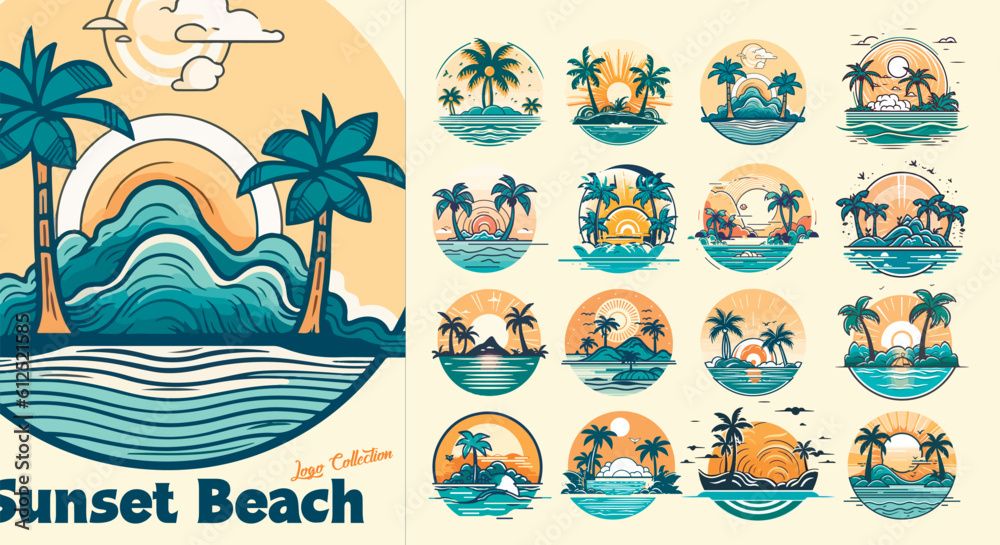 Fototapeta premium Summer beach island with palm trees in the ocean. Vector emblem of travel, holiday, resort. Vector Logo collection.