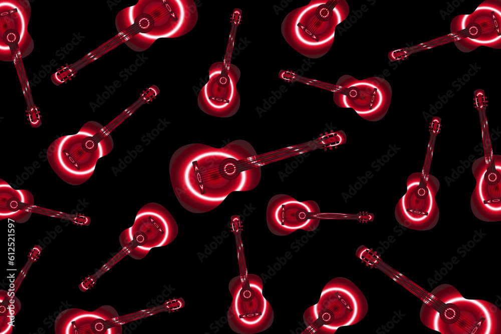 Modern pattern with guitars. Randomly scattered red guitars on a pink background	