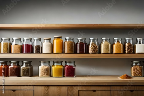 Different spices in the glass bottles at the kitchen shelfs 
