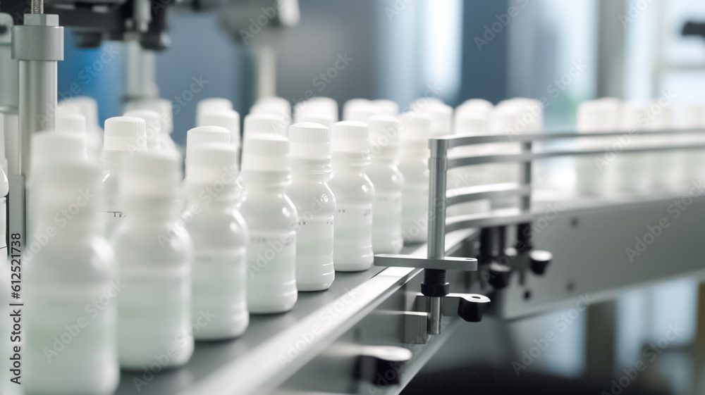 White plastic bottle moving on conveyor belt of auto capping and labeling machine. White plastic bottle moving on conveyor belt of auto capping and labeling machine.