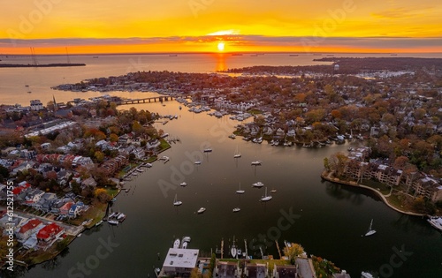 Aerial shot of Annapolis harbor and Chesapeake Bay at sunset. photo