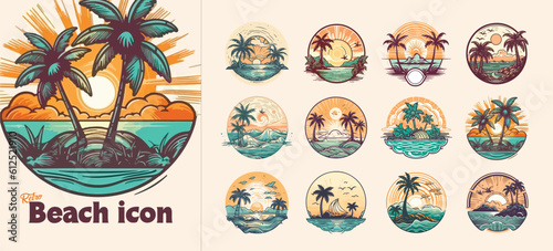 Summer beach island with palm trees in the ocean. Vector emblem of travel, holiday, resort. Vector Logo collection.