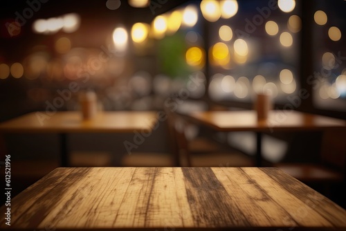 cozy restaurant interior with wooden tables and chairs. Generative AI