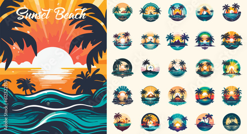 Summer beach island with palm trees in the ocean. Vector emblem of travel, holiday, resort. Vector Logo collection.