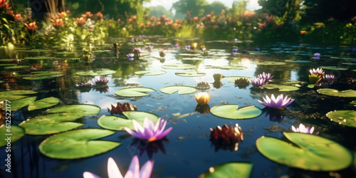 Capture the essence of tranquility   a serene pond adorned with lily pads  its surface kissed by gentle ripples. Generative AI  