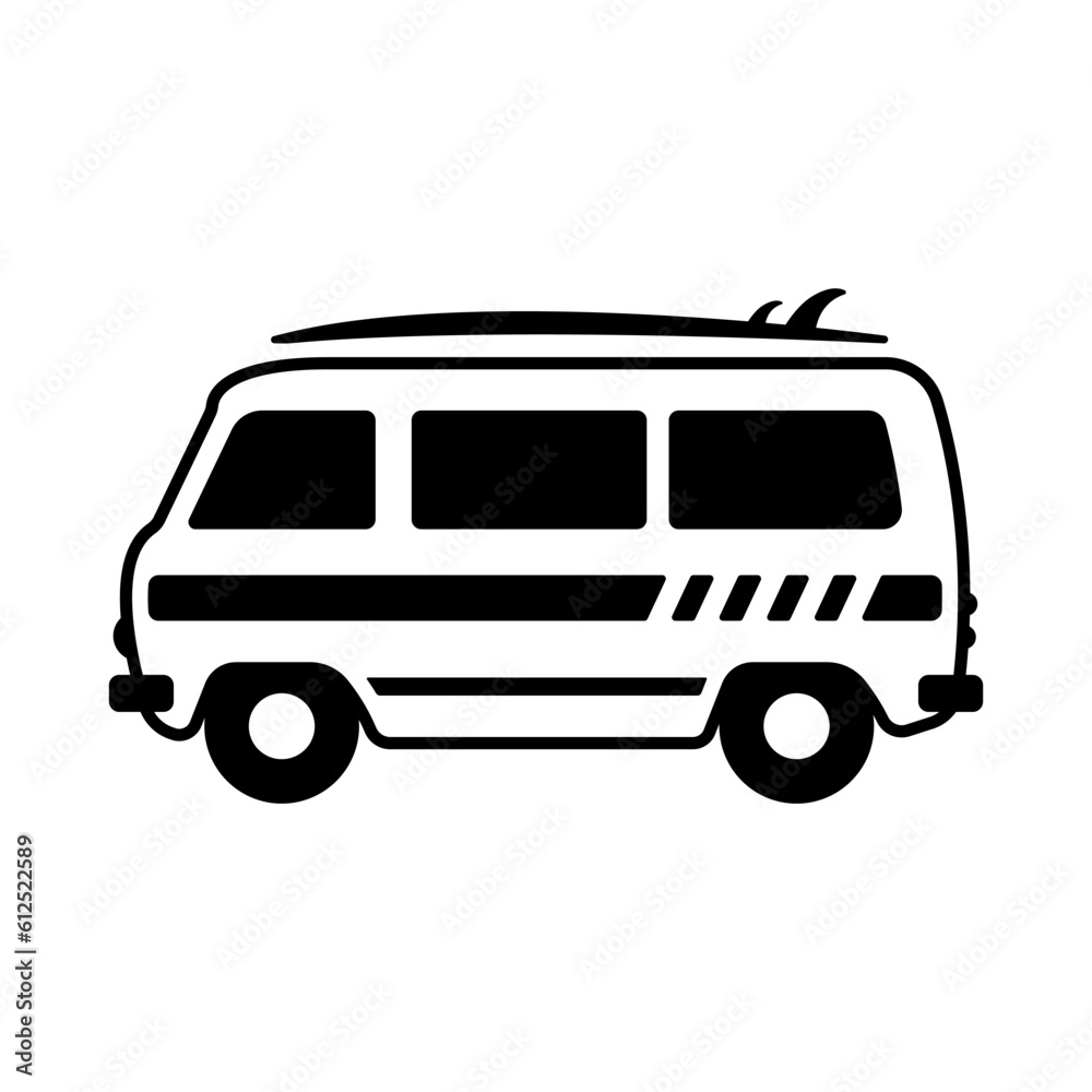 Minibus icon. Camper, van. Black contour linear silhouette. Side view. Editable strokes. Vector simple flat graphic illustration. Isolated object on a white background. Isolate.
