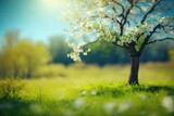 A gorgeous blurred spring background nature with flowers glade, trees, and blue sky on a sunny day. Generative AI