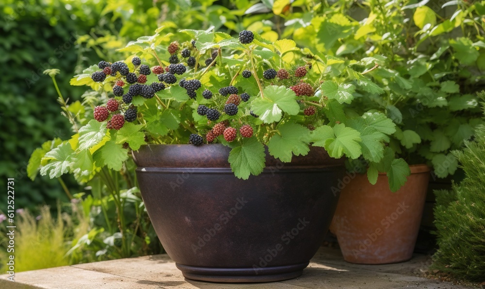  a potted plant with berries on it sitting on a ledge in a garden area with other plants and shrubs in the back ground,.  generative ai