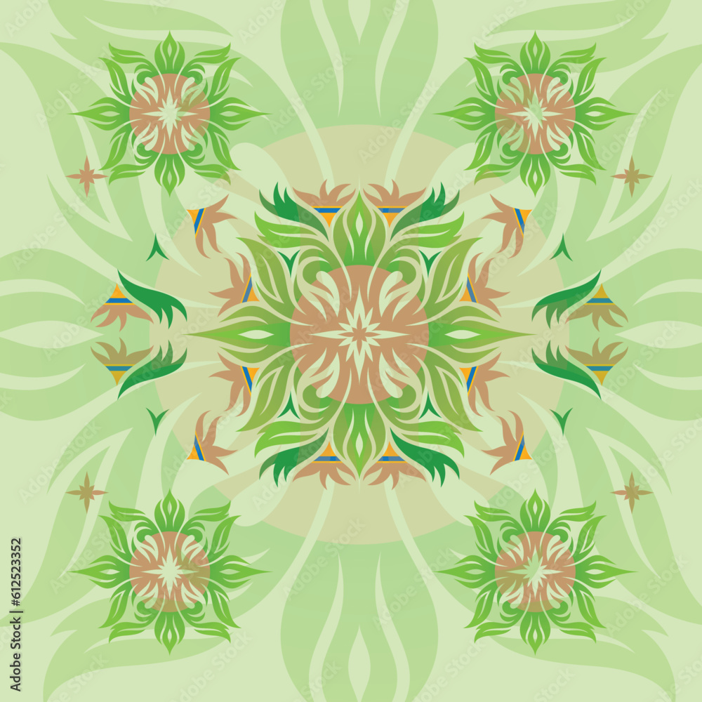 Fototapeta premium vector abstract square pattern, silk scarf design, flower, fashion textile ornament Bandanna shawl, tablecloth fabric print, silk neck scarf, green,style, etc.