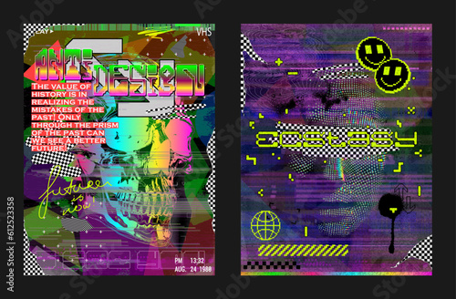 Anti-design Acid posters with toxic colors, tv test charts, glitch effect, rainbow tv screen. Acid prints for rave, t-shirt, streetwear, merch, typography. Anti-design, glitch and lettering. Vector