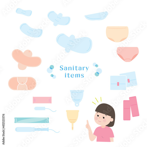 生理用品サニタリーアイテムと若い女性　4c　a