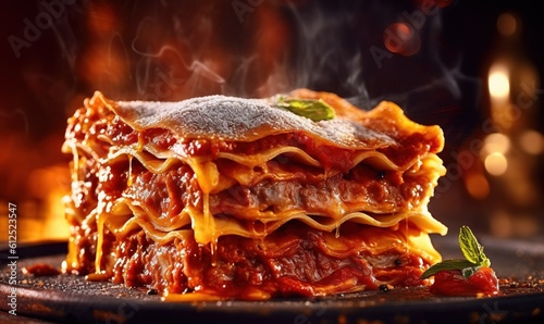  a stack of lasagna stacked on top of each other with sauce and cheese on top of it, with steam rising from the top. generative ai