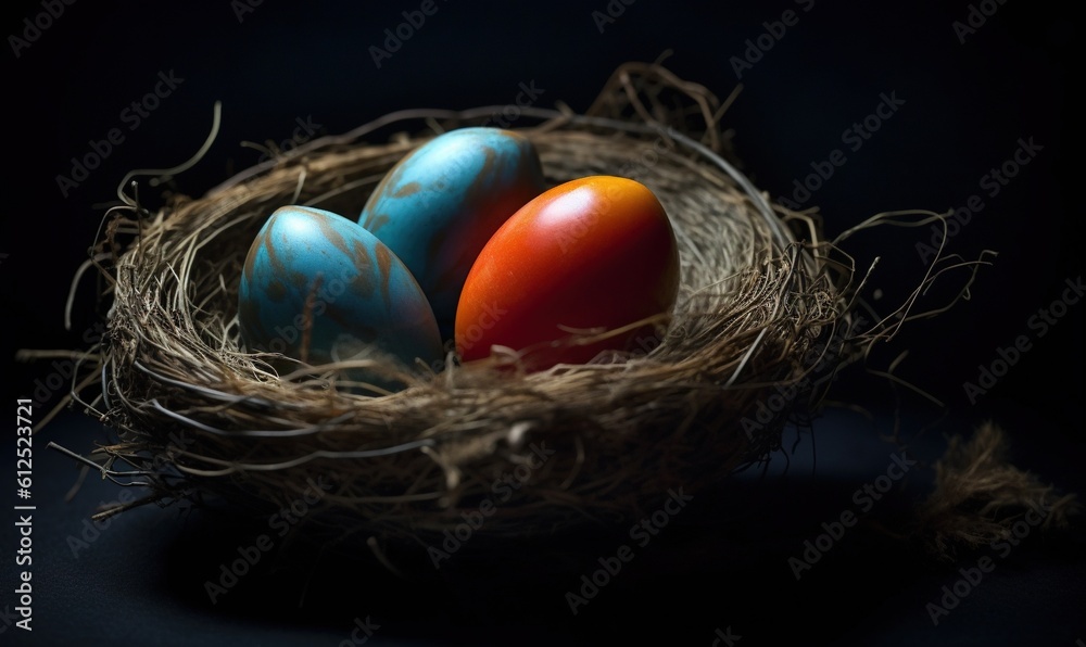 three eggs in a nest on a black background with a red one in the center of the nest and a blue one in the middle of the nest. generative ai three eggs in a nest on a black background with a red one in the center of the nest and a blue one in the middle of the nest. generative ai