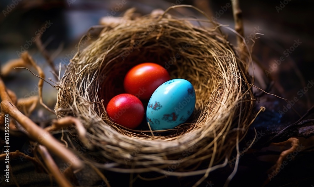 three eggs in a nest on the ground next to a tree branch with twigs and twigs on it, with one of the eggs painted red and one blue in the other. generative ai three eggs in a nest on the ground next to a tree branch with twigs and twigs on it, with one of the eggs painted red and one blue in the other. generative ai