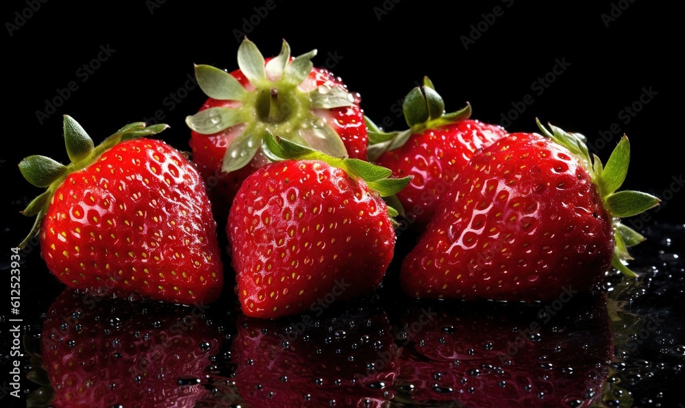 a group of three strawberries sitting on top of a black surface with drops of water around them and a green stem on top of the strawberries. generative ai a group of three strawberries sitting on top of a black surface with drops of water around them and a green stem on top of the strawberries. generative ai