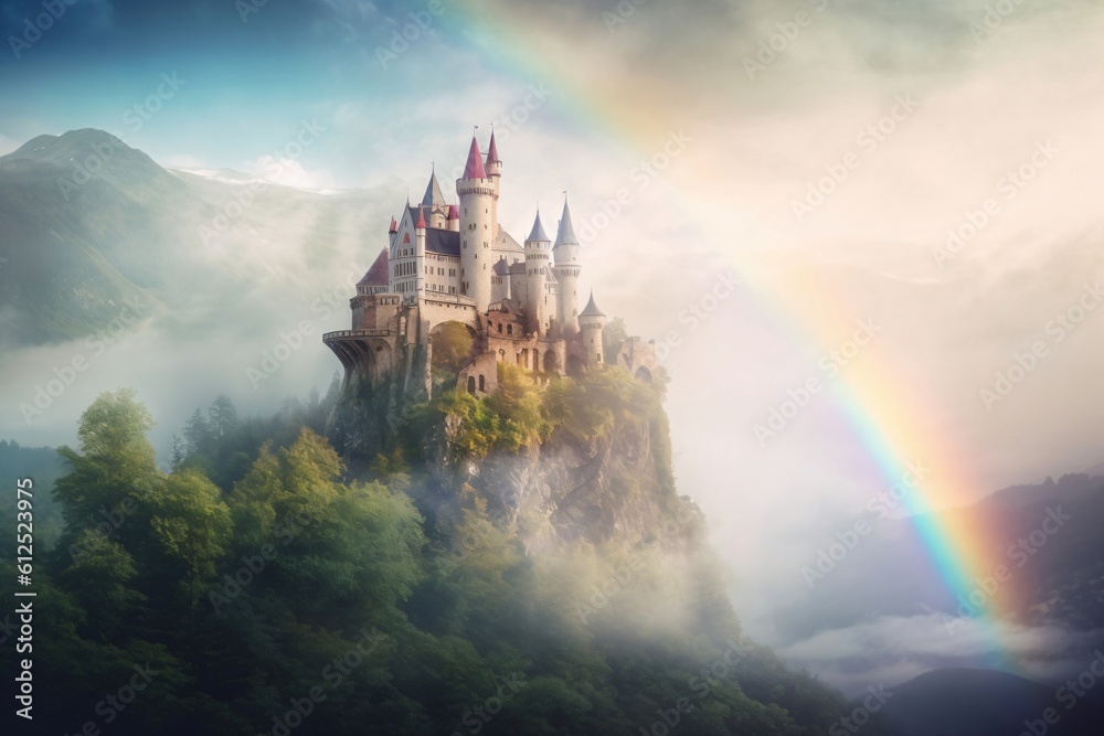 Naklejka premium fairytale white castle on a big rock created with Generative AI technology