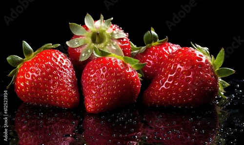  a group of three strawberries sitting on top of a black surface with drops of water around them and a green stem on top of the strawberries.  generative ai