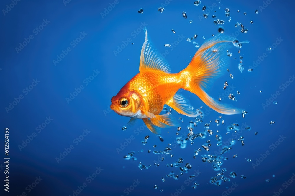 goldfish surrounded by bubbles on a blue background. Generative AI goldfish surrounded by bubbles on a blue background. Generative AI