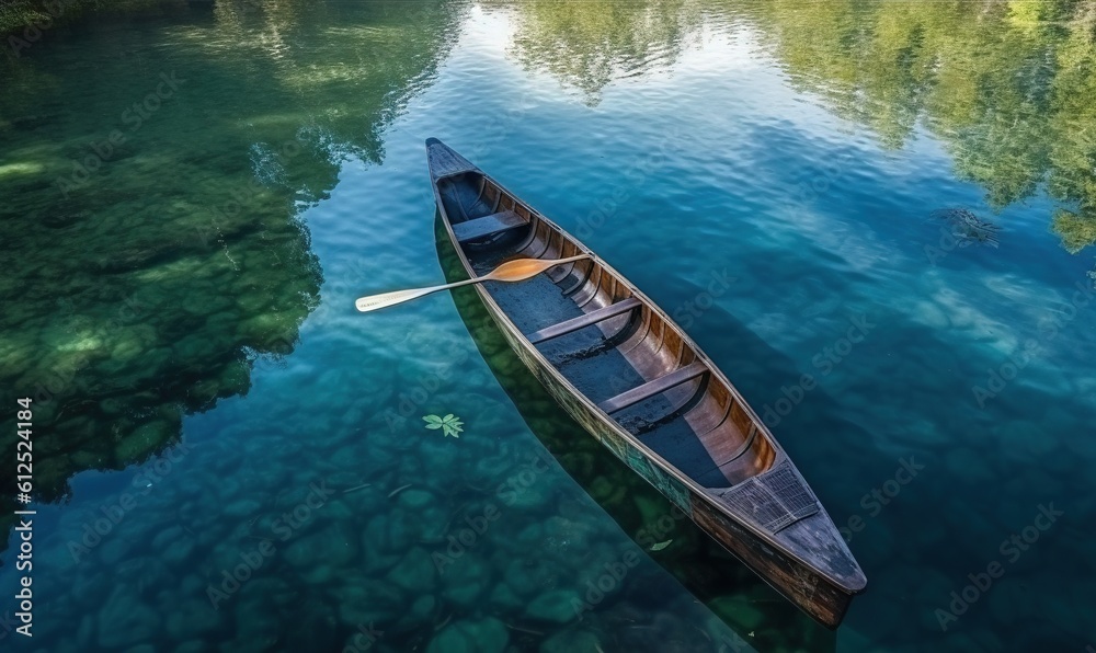  a canoe floating on a lake with clear blue water and a forest in the background with a few clouds in the sky and a few clouds in the sky.  generative ai