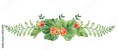 Watercolor garland summer bouquet isolated on white background. Cloudberry leaves, berries, green branches. Botanical hand drawn illustration. For greeting cards, invitations, logos.