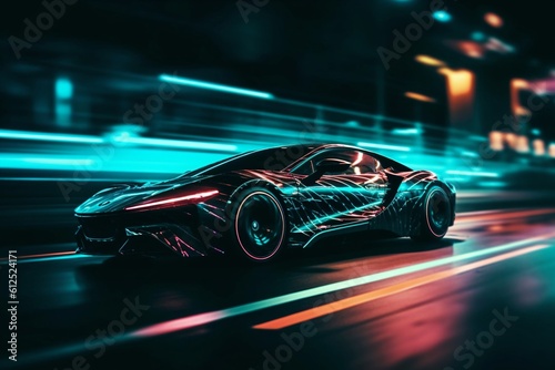 chic black shiny sports car with high speed created with Generative AI technology