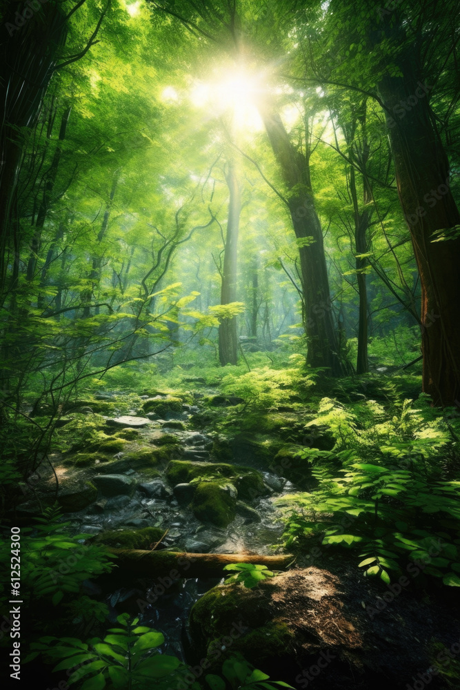 Obraz premium Witness the captivating play of light and shadow as sunlight filters through the vibrant green canopy of an enchanting forest scene. Generative AI 