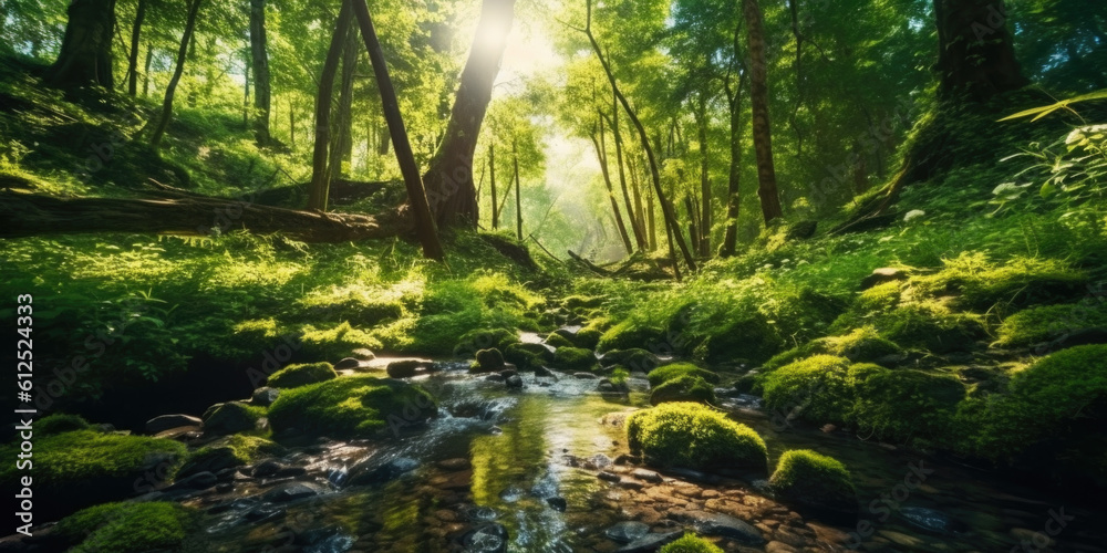 Obraz premium Witness the captivating play of light and shadow as sunlight filters through the vibrant green canopy of an enchanting forest scene. Generative AI 