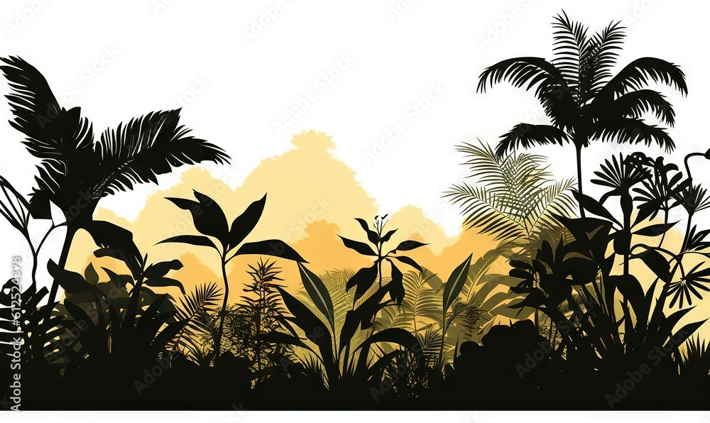  a picture of a tropical scene with palm trees and other plants in the foreground and a yellow sky in the backgrouund.  generative ai