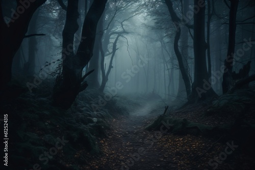 dark path leads through a foggy forest created with Generative AI technology